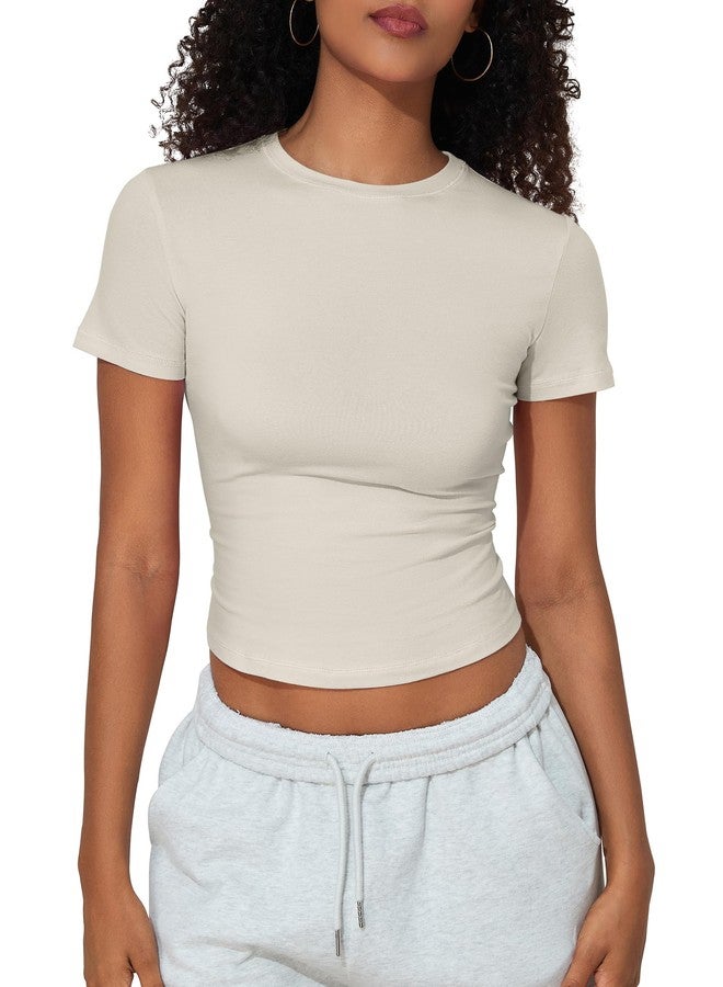 PrettyGuide Women's Casual Summer Basic Tops Crew Neck Short Sleeve Fitted T Shirt Trendy Baby Tee Bone M - Image 2